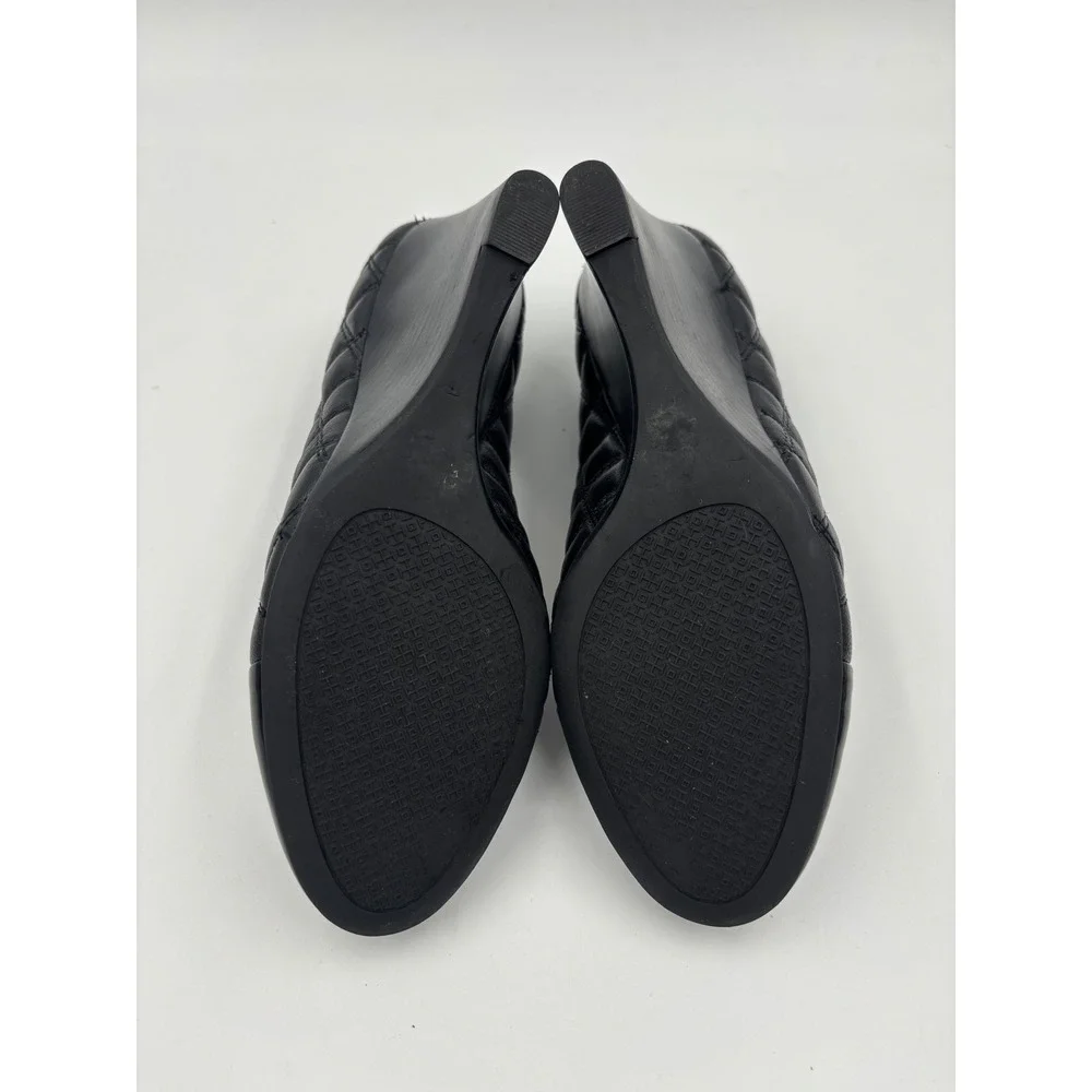 Tory Burch Claremont Black Quilted Leather Patent Cap Toe Wedge Pumps 7.5M